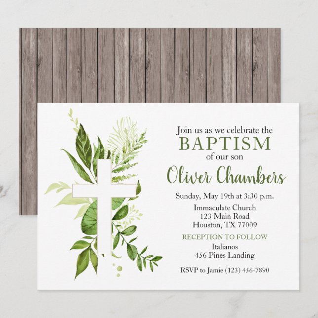 Invitación Rústica vegetación Cruz Verde Bautismo de niño (Anverso / Reverso)