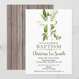 Invitación Rústica vegetación Cruz Verde Bautismo de niño