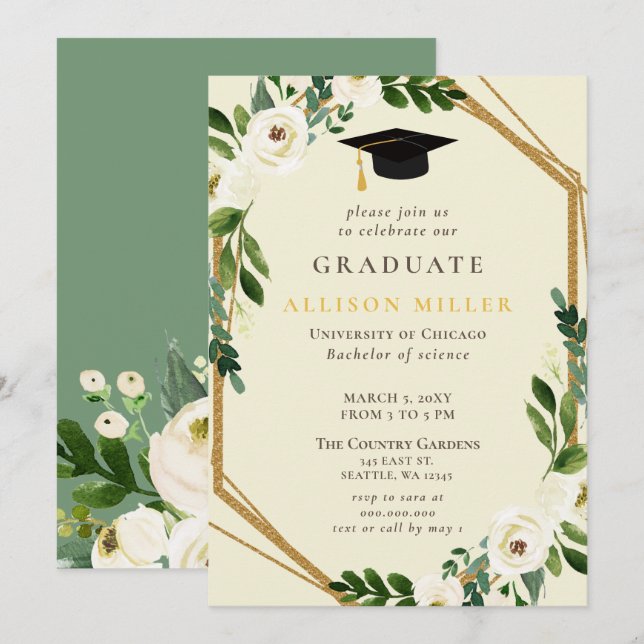 Invitación Rústica vegetación Graduación Floral de marfil-oro (Anverso / Reverso)