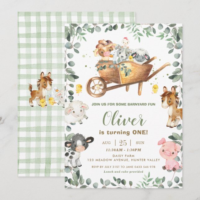 Invitación Rústica vegetación Granja de animales Barnyard Cum (Anverso / Reverso)