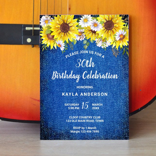 Invitación Rústica vintage look blue denim sunflowers daisisi (Subido por el creador)