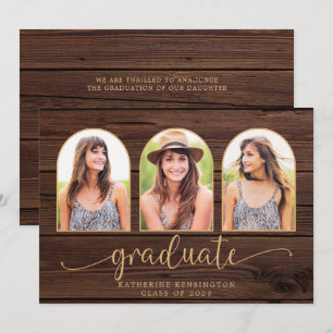 Invitación Rústica Wood Boho Arch Gold 3 Graduación de foto