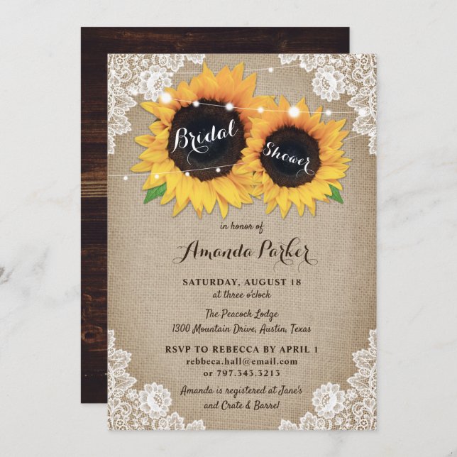Invitación Rústica Wood Burlap Sunflower Bridal Shower (Anverso / Reverso)