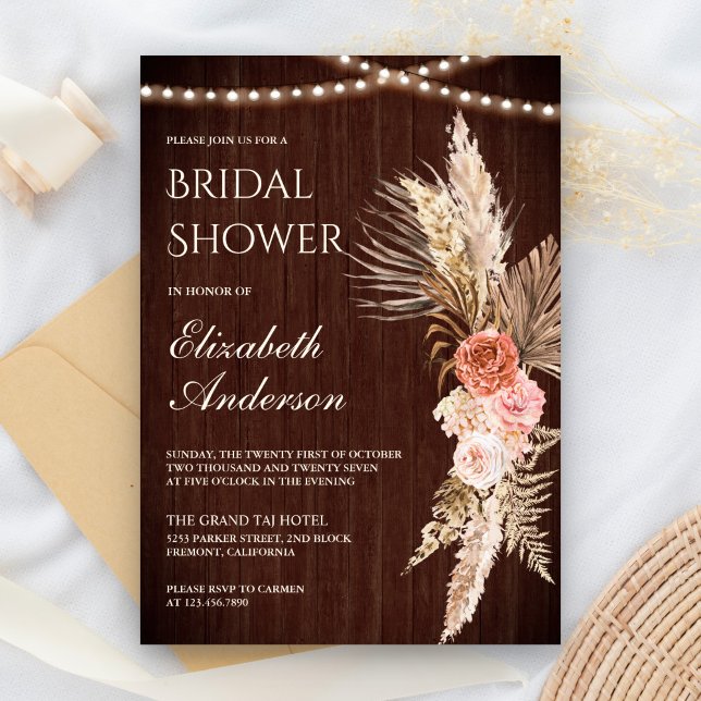 Invitación Rústica Wood Earthy Floral Pampas Bridal Shower (Subido por el creador)