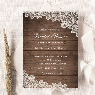 Invitación Rústica Wood Floral Lace Bridal Shower
