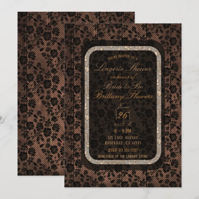Invitación Rústica Wood & Floral Lace Lacy Lingerie Shower (Anverso / Reverso)