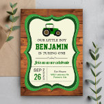 Invitación Rústica Wood Green Farm Tractor Kids Birday Fiesta<br><div class="desc">Sorprenda a sus huéspedes con esta fresca fiesta de cumpleaños temática de tractores que incluye un bonito tractor de granja verde con tipografía moderna sobre un fondo rústico de madera de grano. Simplemente agregue los detalles de su evento en esta plantilla fácil de usar para convertirla en una invitación única....</div>