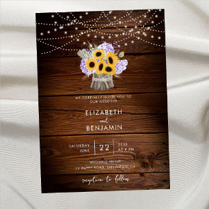 Invitación Rústica Wood Jar Sunflower Hydrangea Boda moderno