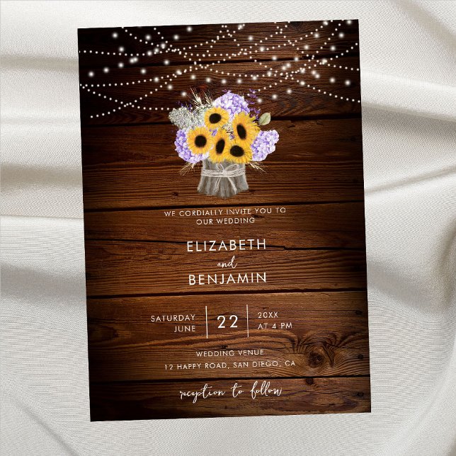 Invitación Rústica Wood Jar Sunflower Hydrangea Boda moderno (Subido por el creador)