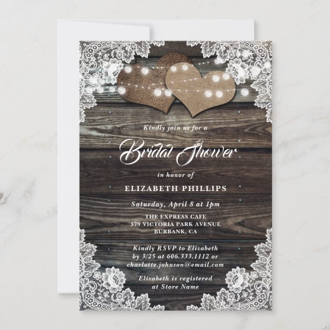 Invitación Rústica Wood Lace Burlap Hearts Bridal Shower (Anverso)