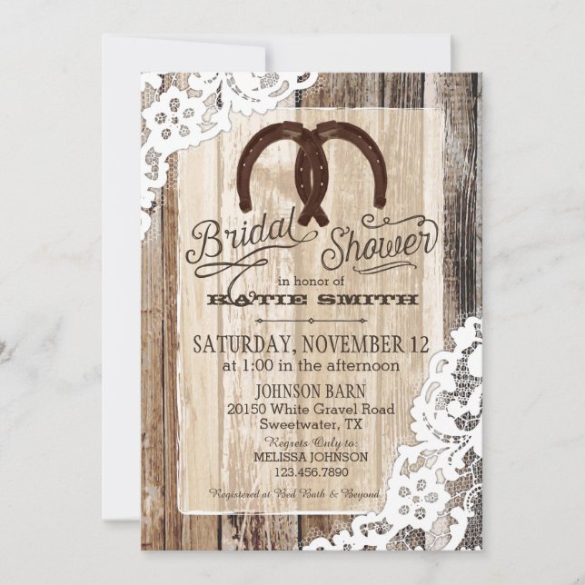 Invitación Rústica Wood Lace Horseshoe Country Bridal Shower (Anverso)