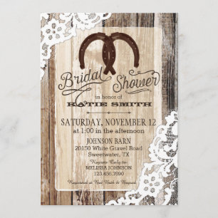 Invitación Rústica Wood Lace Horseshoe Country Bridal Shower