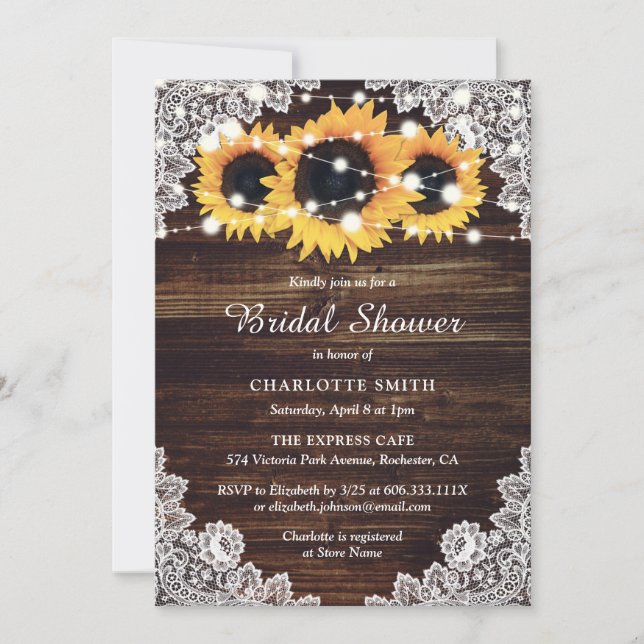 Invitación Rústica Wood Lace Sunflower Bridal Shower (Anverso)