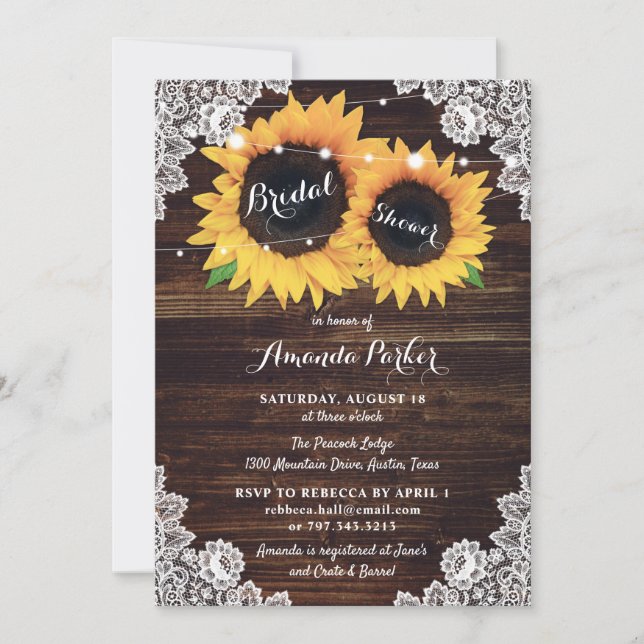 Invitación Rústica Wood Lace Sunflower Bridal Shower (Anverso)