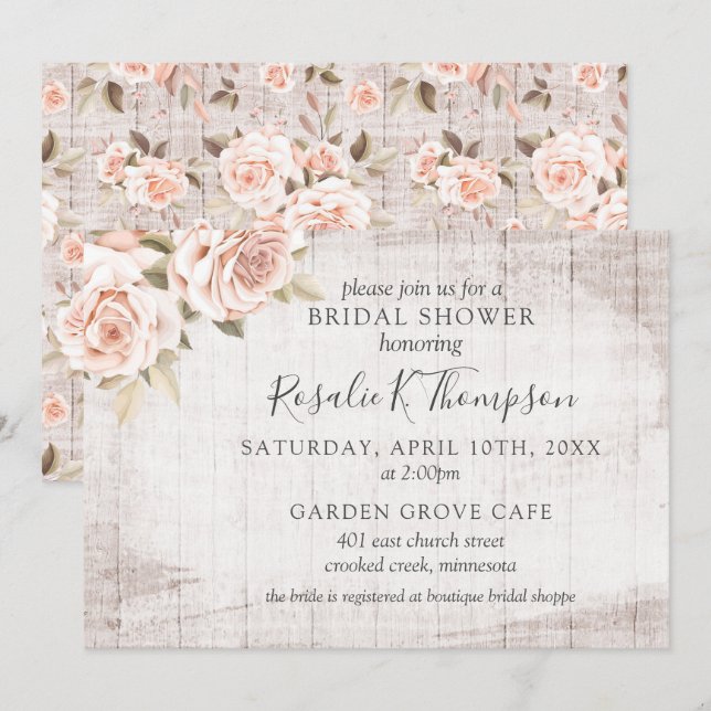 Invitación Rústica Wood & Romantic Rosas Cottage Bridal Showe (Anverso / Reverso)