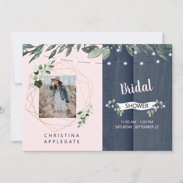 Invitación Rústica Wood Rubor & Navy Photo Bridal Shower (Anverso)