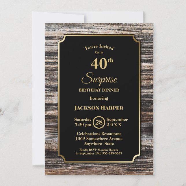 Invitación Rústica Wood Sorpresa 40 cumpleaños cena (Anverso)