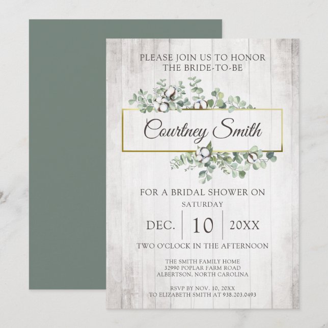 Invitación Rústica Wood Southern Cotton Boll Bridal Shower (Anverso / Reverso)