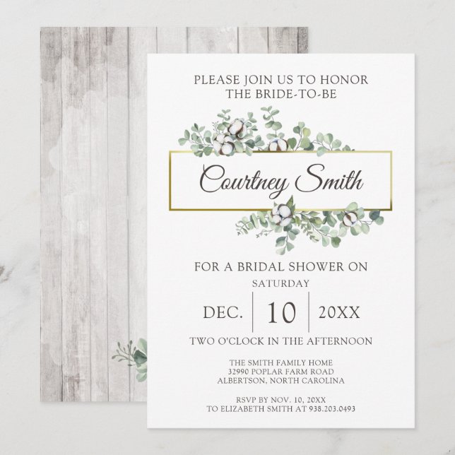 Invitación Rústica Wood Southern Cotton Boll Bridal Shower (Anverso / Reverso)