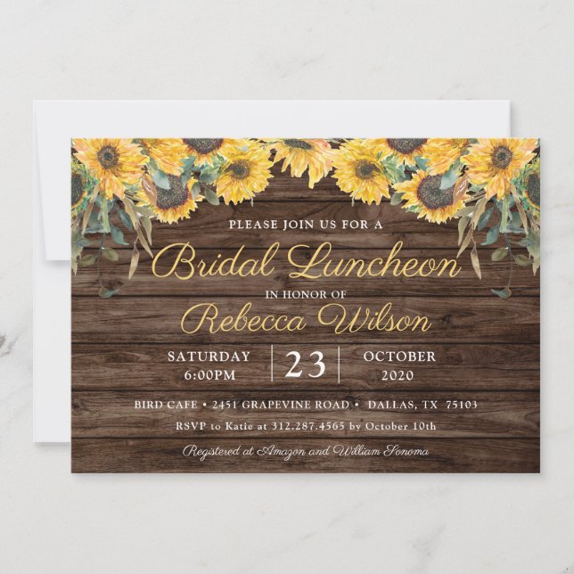 Invitación Rústica Wood Sunflower Country Barn Bridal Luncheo (Anverso)