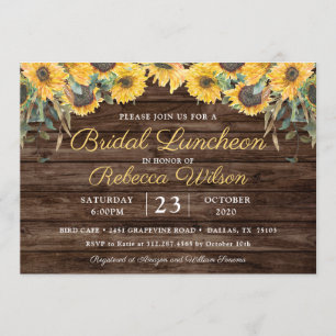 Invitación Rústica Wood Sunflower Country Barn Bridal Luncheo