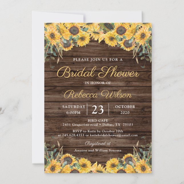 Invitación Rústica Wood Sunflower Country Barn Bridal Shower (Anverso)