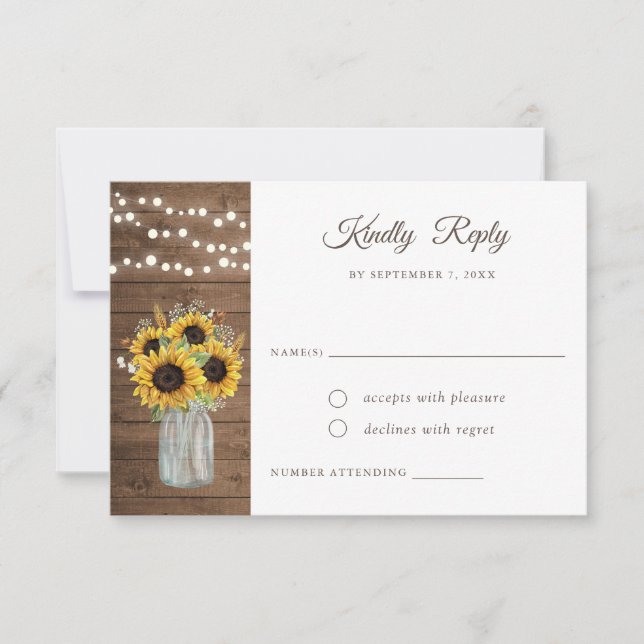 Invitación Rústica Wood Sunflowers Mason Jar Wedding RSVP (Anverso)