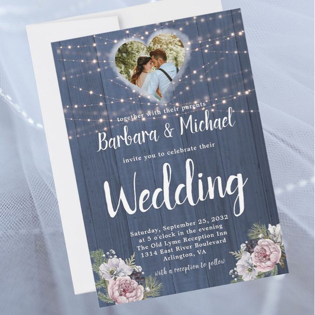 Invitación Rústica Wood Twinkle Luces Foto Boda Floral (Subido por el creador)