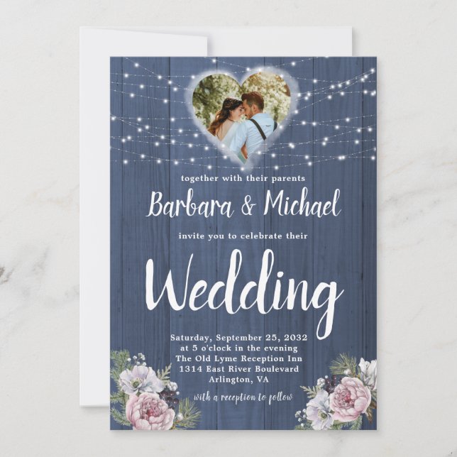 Invitación Rústica Wood Twinkle Luces Foto Boda Floral (Anverso)
