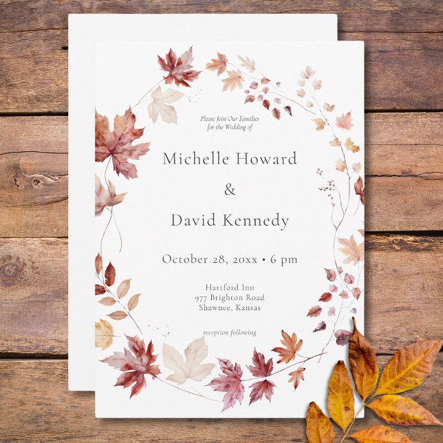 Invitación Rústica y Delicada Borgoña y caída de roya dejaron (Rustic Delicate Burgundy & Rust Fall Leaves Wreath Invitation)