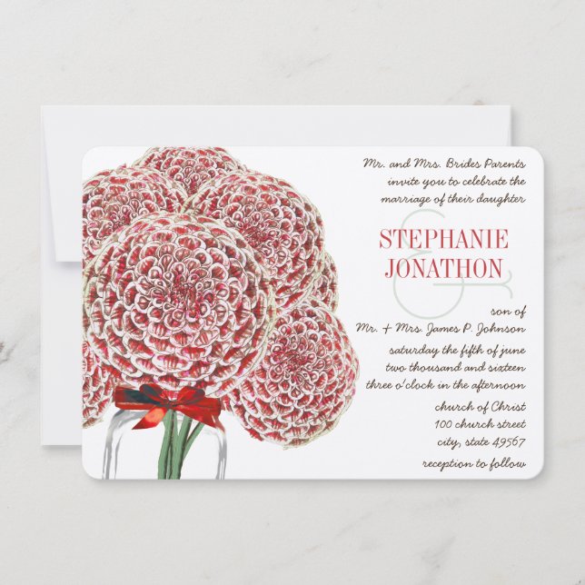 Invitación Rústica Zinnia Red Mason Jar Wild Flower Boda (Anverso)