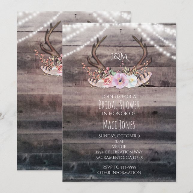 Invitación Rústicas Antlers de venado floral y luces de cuerd (Anverso / Reverso)