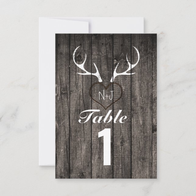 Invitación Rústicas Antlers de venado y número de tabla cardí (Anverso)