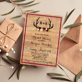 Invitación Rústicas Antlers Floral Borgoña Ducha de novia
