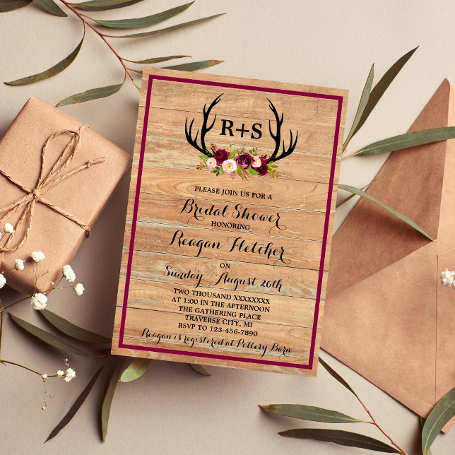 Invitación Rústicas Antlers Floral Borgoña Ducha de novia (Subido por el creador)