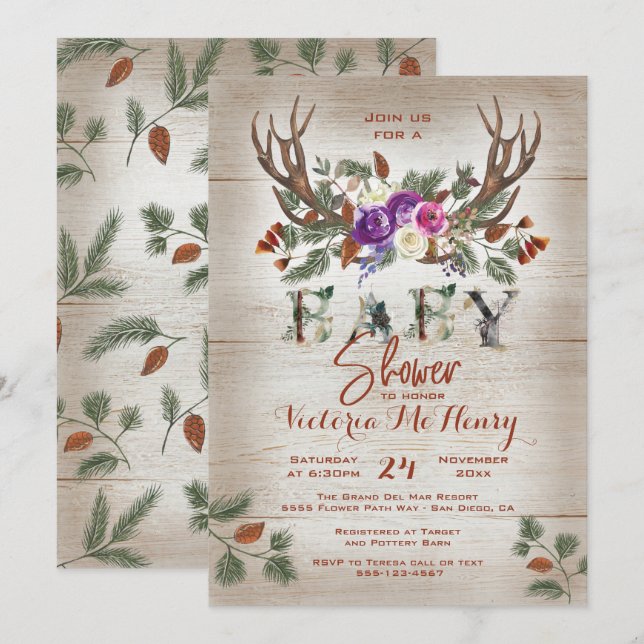 Invitación Rústicas Antlers y Pine Brands Baby Shower (Anverso / Reverso)