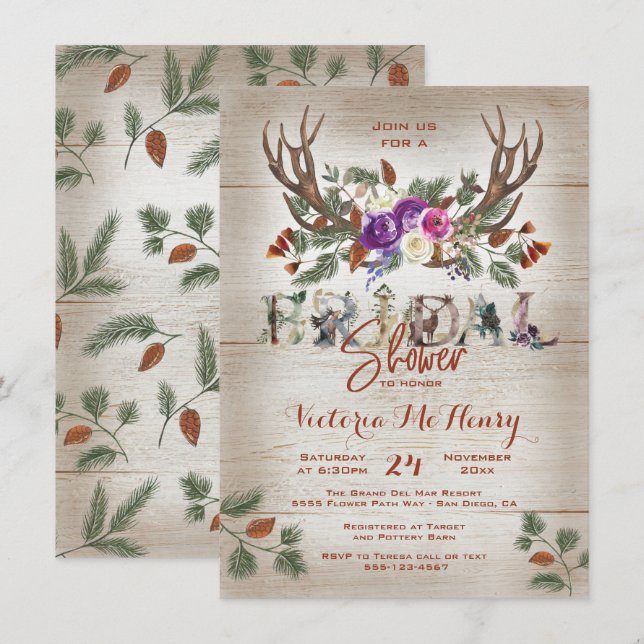 Invitación Rústicas Antlers y Ramas de Pino Ducha Bridal (Anverso / Reverso)