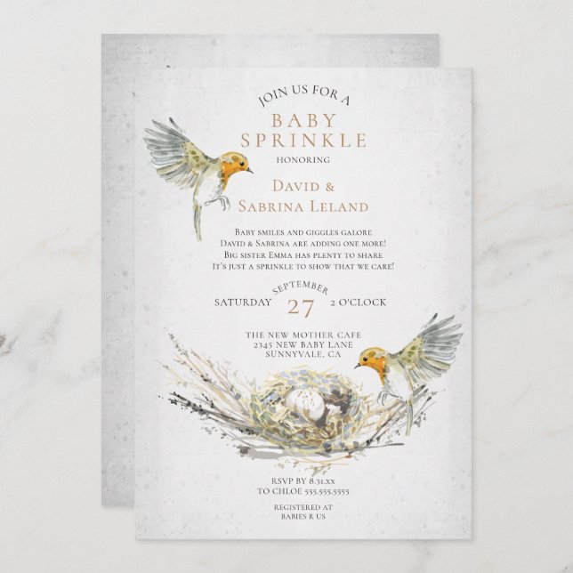 Invitación Rústicas aves y acuarela de nido rocian bebé (Anverso / Reverso)