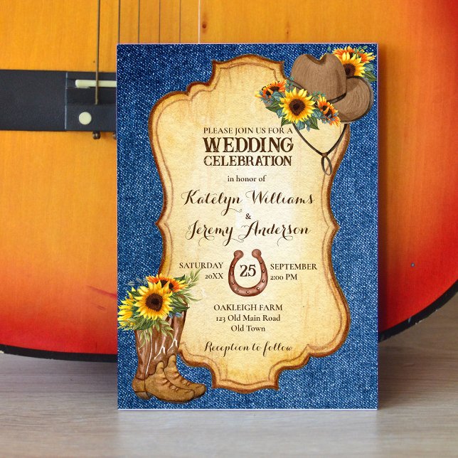 Invitación Rústicas botas de vaquero y girasoles gorras denim (Subido por el creador)