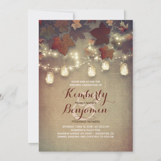 Invitación Rústicas hojas de arce y mason Jars caen en matrim (Anverso)