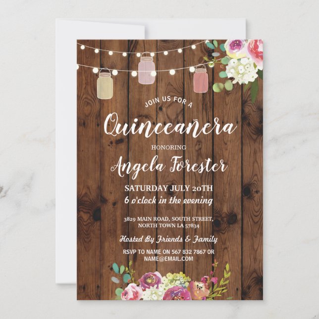 Invitación Rústicas Jars Quinceanera Fiesta Wood Florales Luc (Anverso)