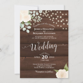 Invitación Rústicas rosas blancas y luces en Boda de madera d