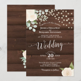 Invitación Rústicas rosas blancas y luces en Boda de madera d