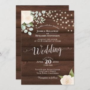Invitación Rústicas rosas blancas y luces en Boda de madera d