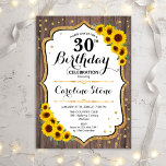 Invitación Rústico 30 cumpleaños - Madera de girasoles<br><div class="desc">Invitación rústica de cumpleaños número 30. El diseño es elegante,  con girasoles y motivos de purpurina y madera marrón oscura. Perfecto para una elegante fiesta de cumpleaños.</div>