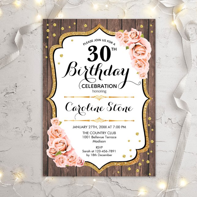 Invitación Rústico 30 cumpleaños - Rosas rosas rosadas Rubor  (Subido por el creador)