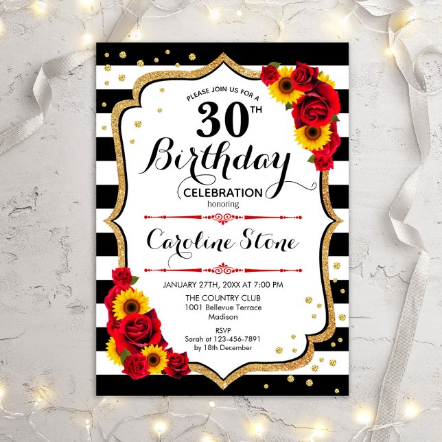 Invitación Rústico 30 cumpleaños - Rosas Sunflowers Stripes (Subido por el creador)