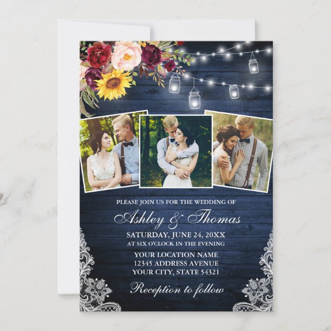 Invitación Rústico 3 foco fotográfico ilumina Boda floral mix (Anverso)