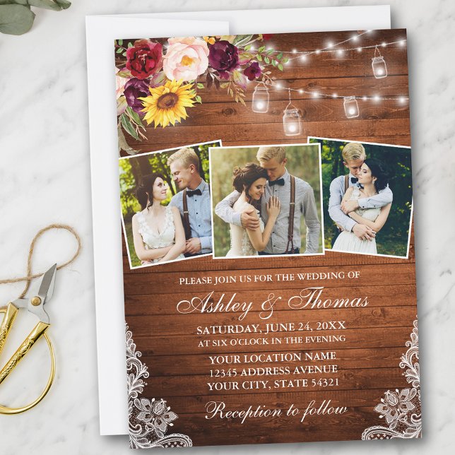 Invitación Rústico 3 foto Boda mixto de luces de estriberas f (Customize to add more text or photos to back of card.)