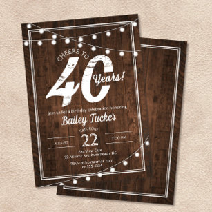 Invitación Rústico 40 cumpleaños con Fiesta de String Lights